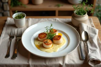 Assiette de coquilles Saint-Jacques poêlées avec purée de chou-fleur et truffe noire sur table en bois rustique
