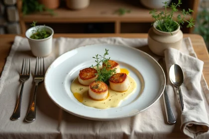 Assiette de coquilles Saint-Jacques poêlées avec purée de chou-fleur et truffe noire sur table en bois rustique
