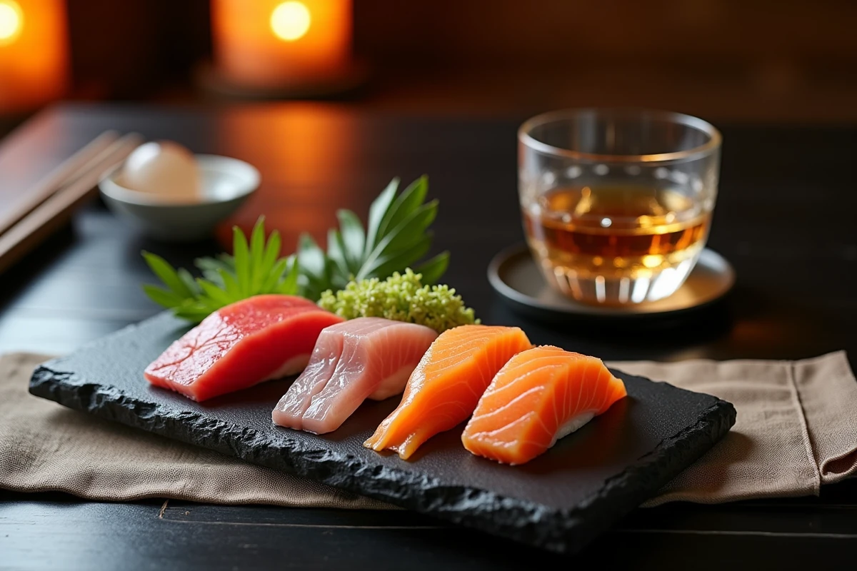 Accord mets et whisky japonais avec un plateau de sashimi et un verre de whisky avec glaçon sphérique sur une table de restaurant japonais
