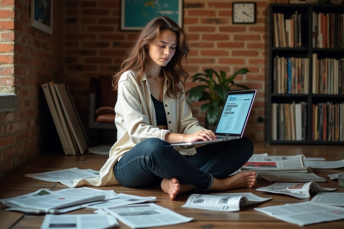 Jeune femme entourée de journaux et magazines dans un appartement urbain, illustrant l'influence de l'actualité sur la culture populaire
