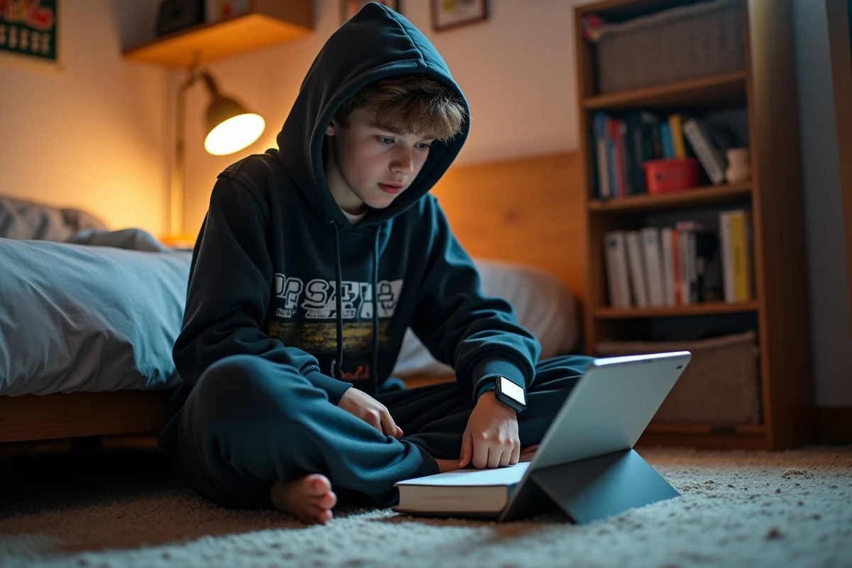 Adolescent utilisant une tablette, une montre connectée et des écouteurs sans fil dans sa chambre, illustrant la place centrale de la technologie dans le quotidien des jeunes