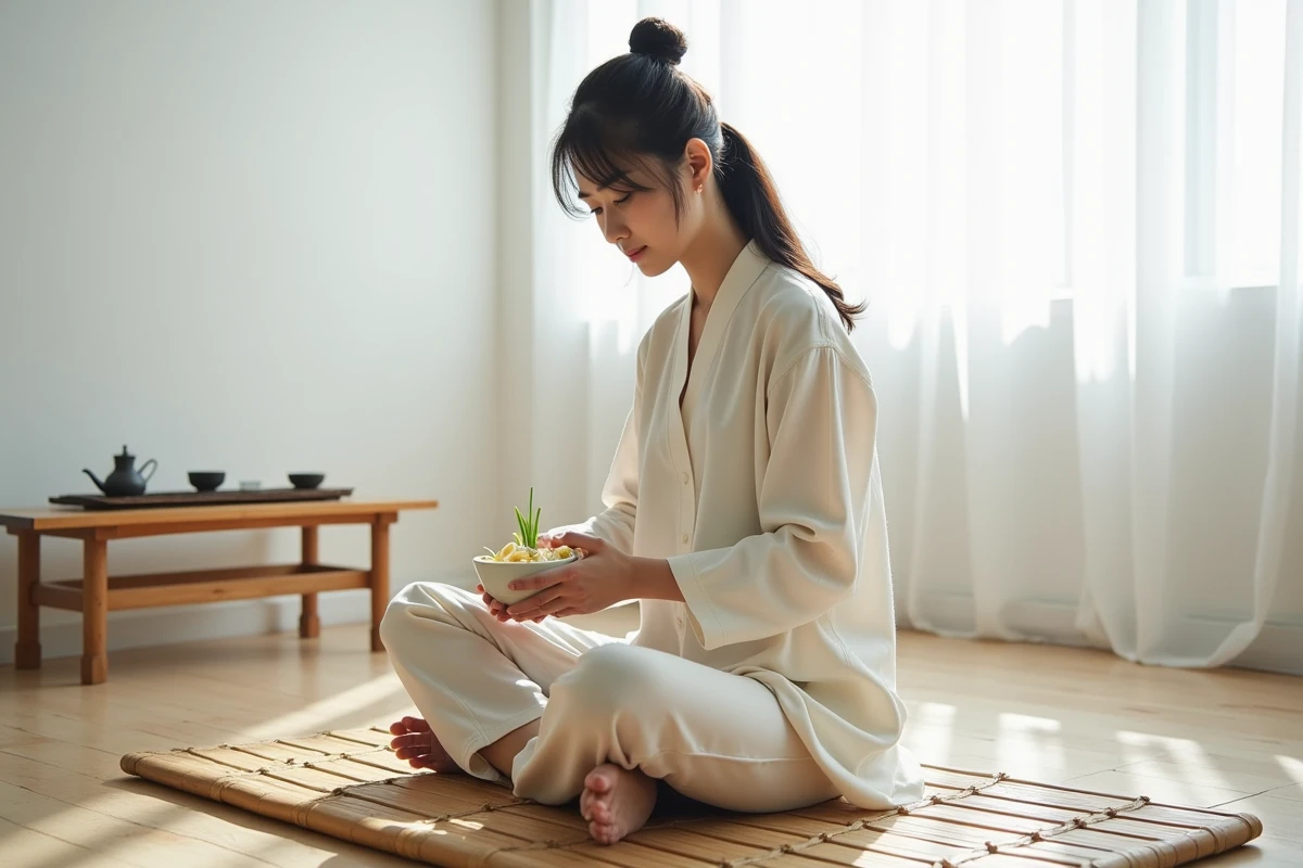 Femme pratiquant l'alimentation consciente avec un repas traditionnel chinois léger pour maigrir