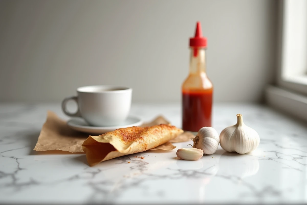 Gros plan sur des aliments irritants pour l'estomac vide : expresso, sauce piquante, ail cru et fast-food sur marbre blanc