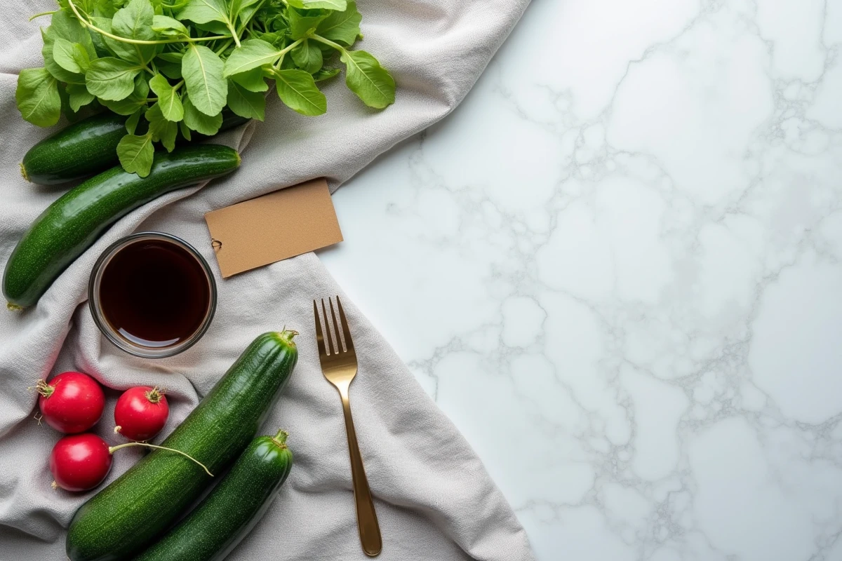 Vue du dessus d'une sélection d'aliments à zéro calorie disposés sur marbre incluant concombre, radis et roquette