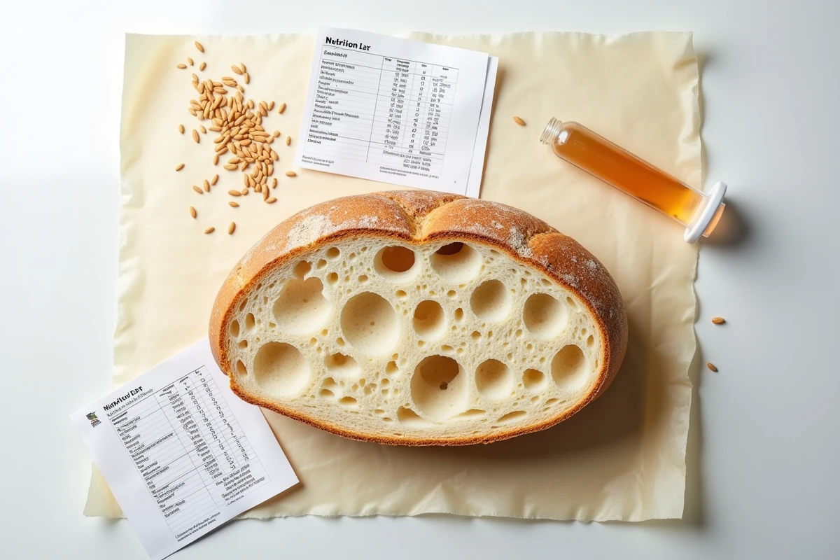 Vue de dessus d'une tranche de pain au levain en coupe transversale avec des éléments d'analyse scientifique sur la teneur en alcool