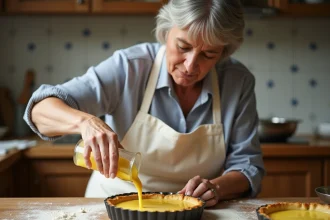 Femme versant l'appareil à quiche lorraine dans un fond de tarte en pâte brisée sur un plan de travail en bois fariné