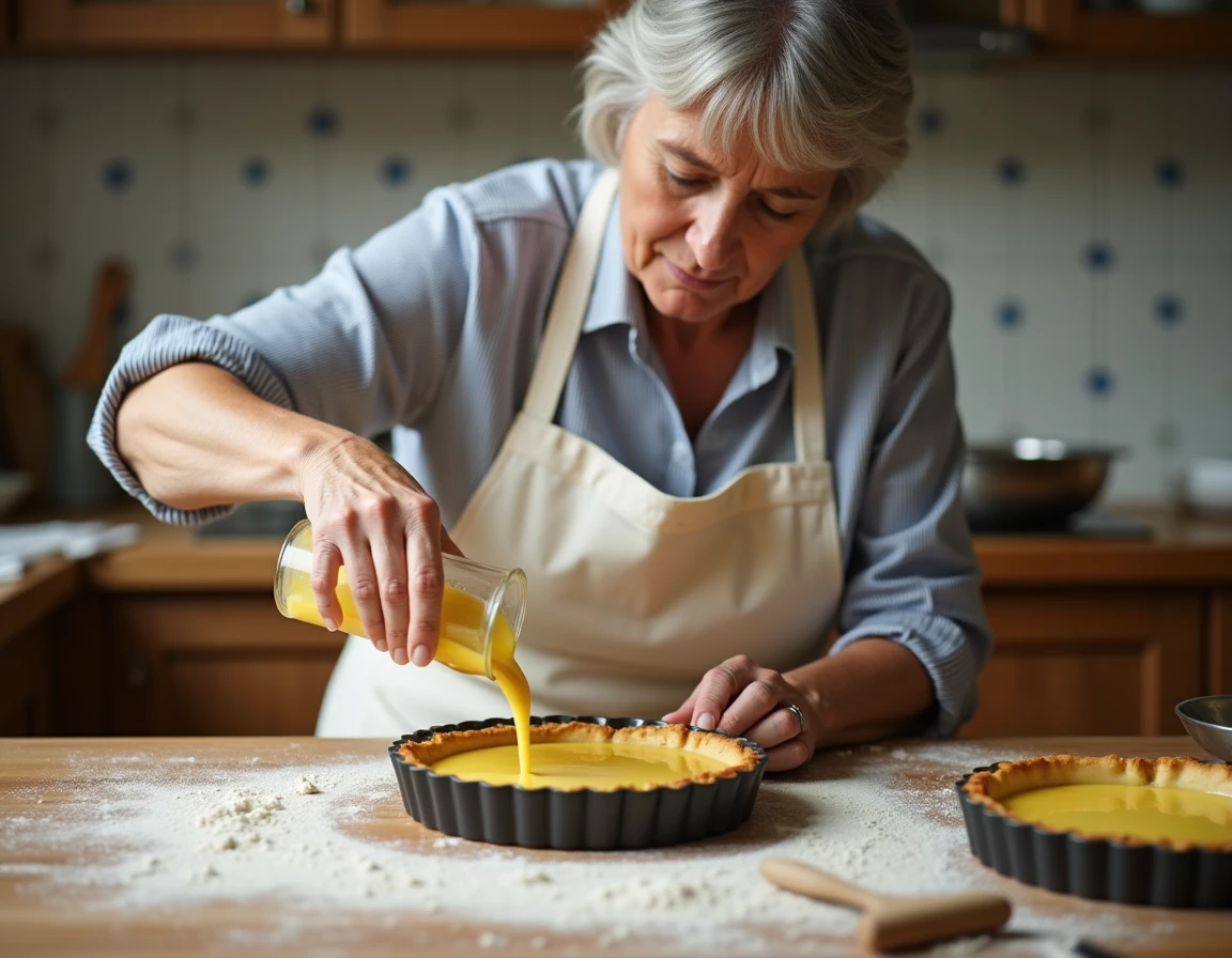 Femme versant l'appareil à quiche lorraine dans un fond de tarte en pâte brisée sur un plan de travail en bois fariné