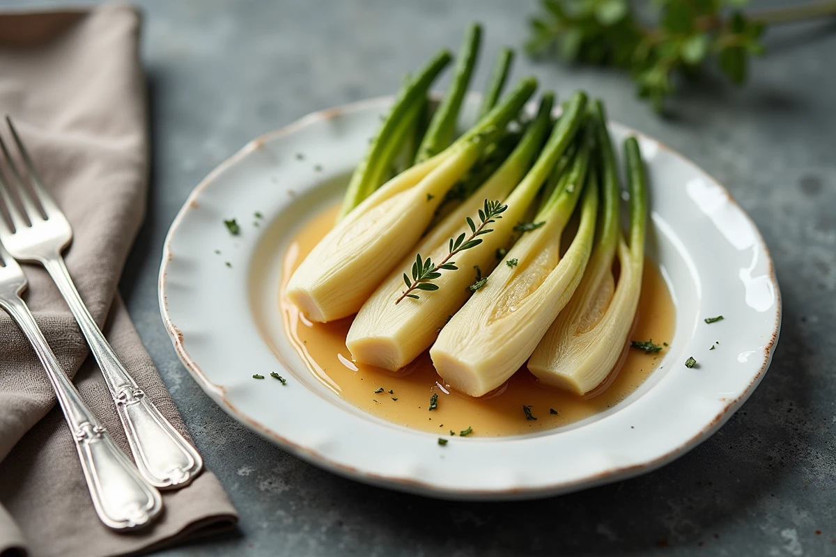 Assiette d'endives braisées fondantes et caramélisées issues d'une cuisson en cocotte minute