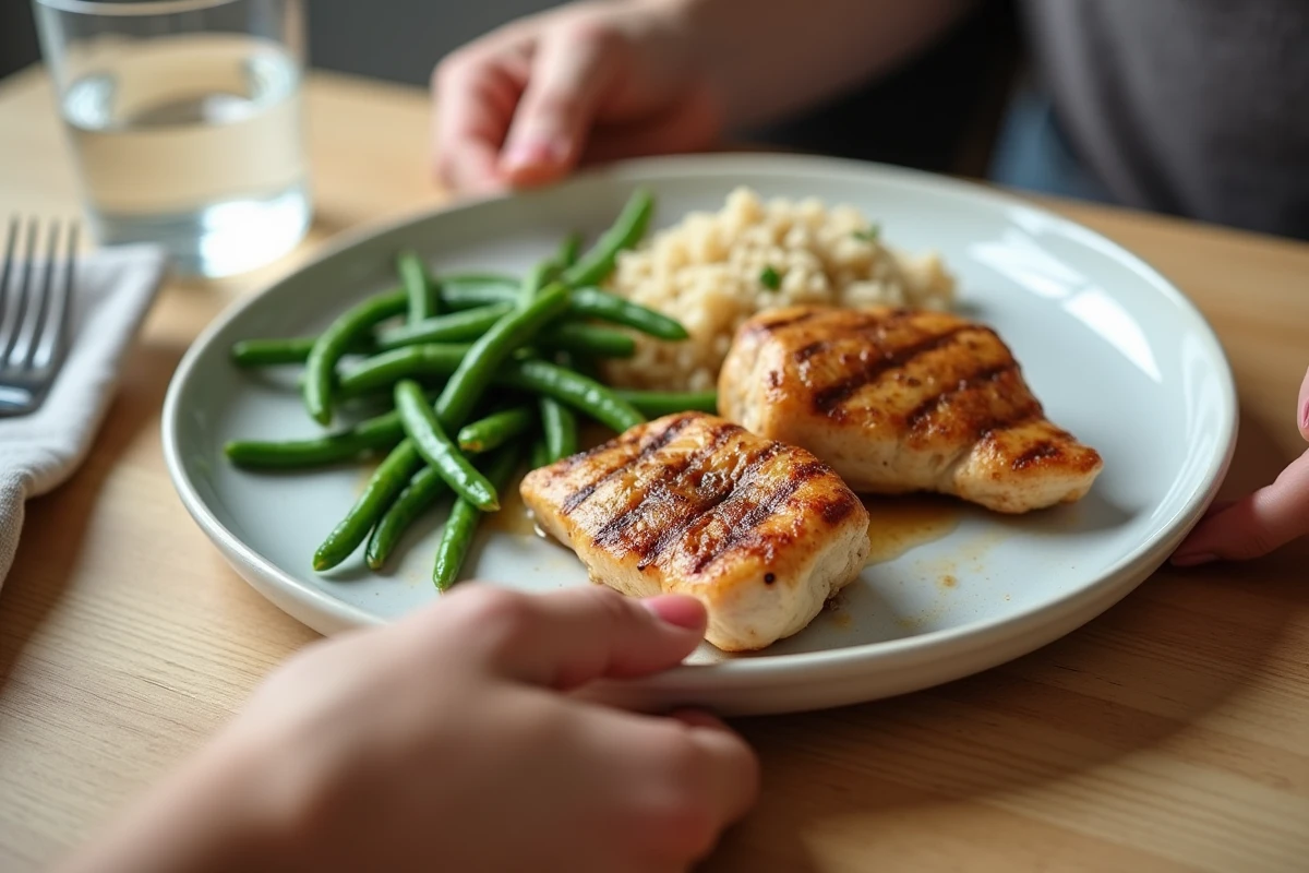 Assiette équilibrée de poulet grillé avec haricots verts et quinoa pour un repas quotidien sain