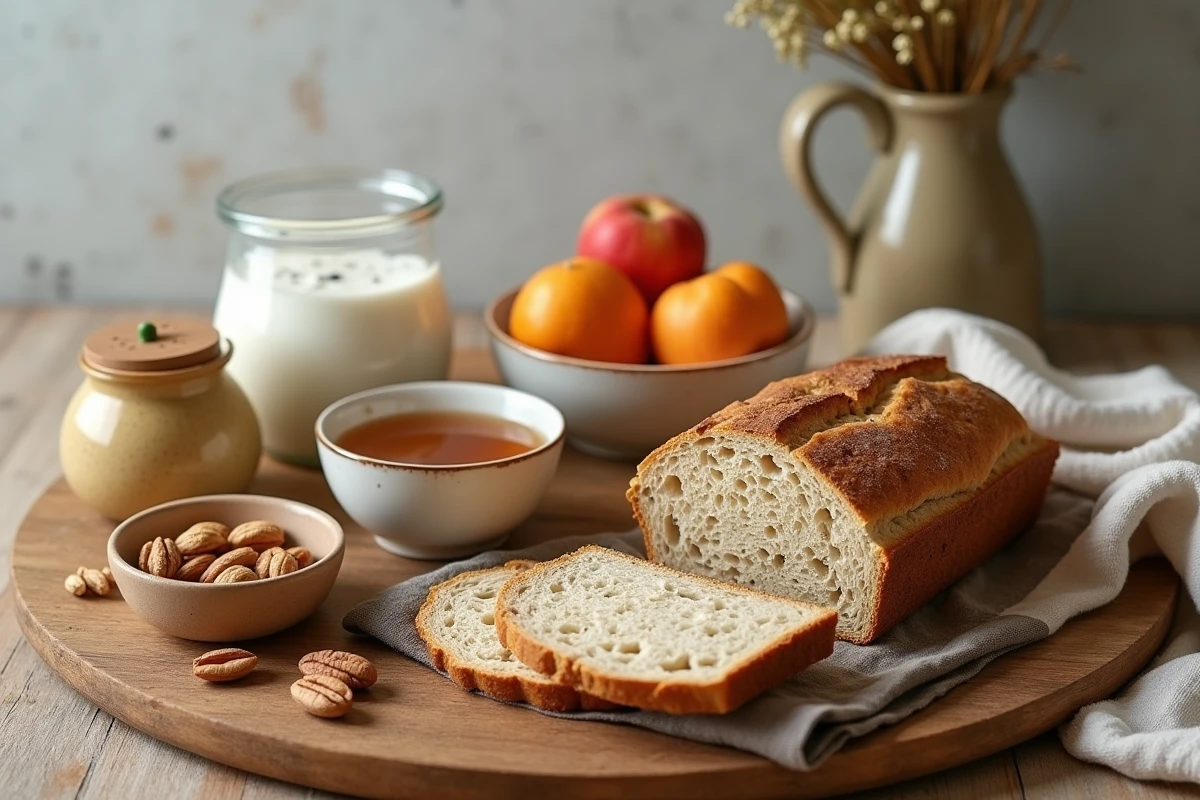 Assortiment d'aliments quotidiens sains disposés sur une table en bois, incluant fruits, pain complet et yaourt