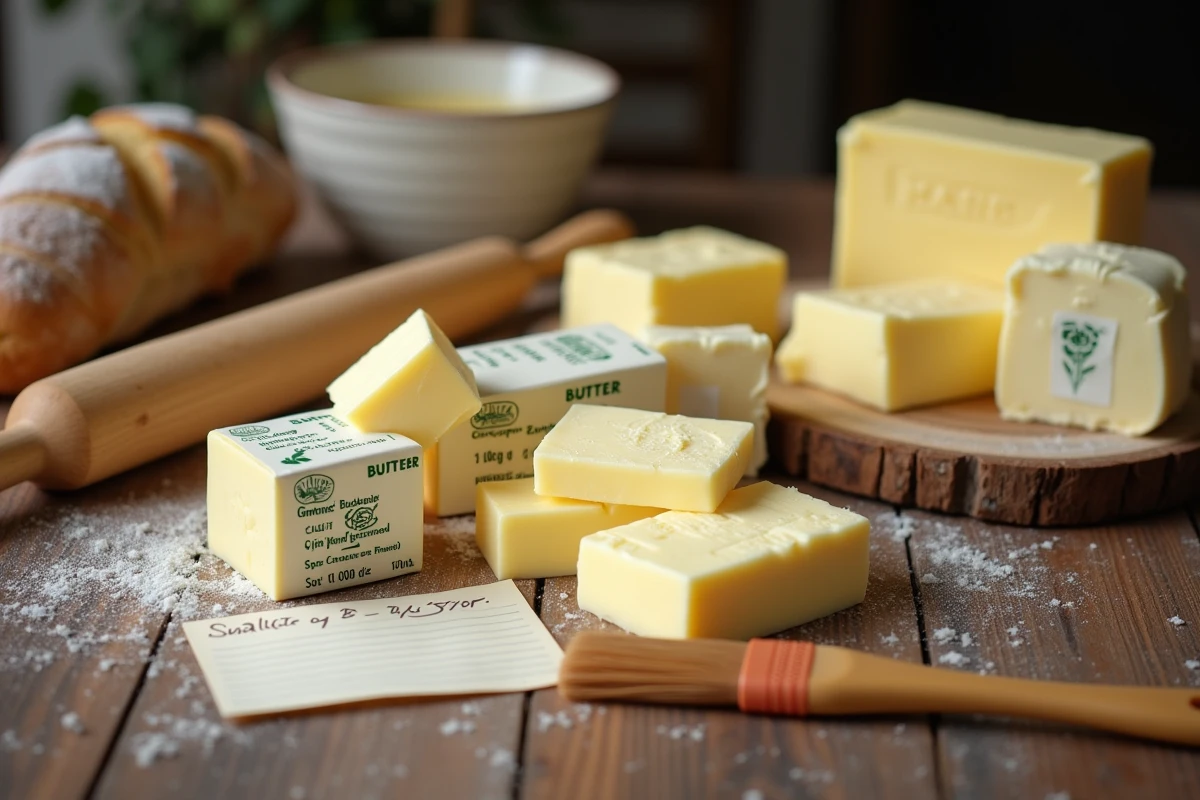 Assortiment de différents types de beurre disposés sur une table en bois avec des ustensiles de pâtisserie et une fiche recette manuscrite