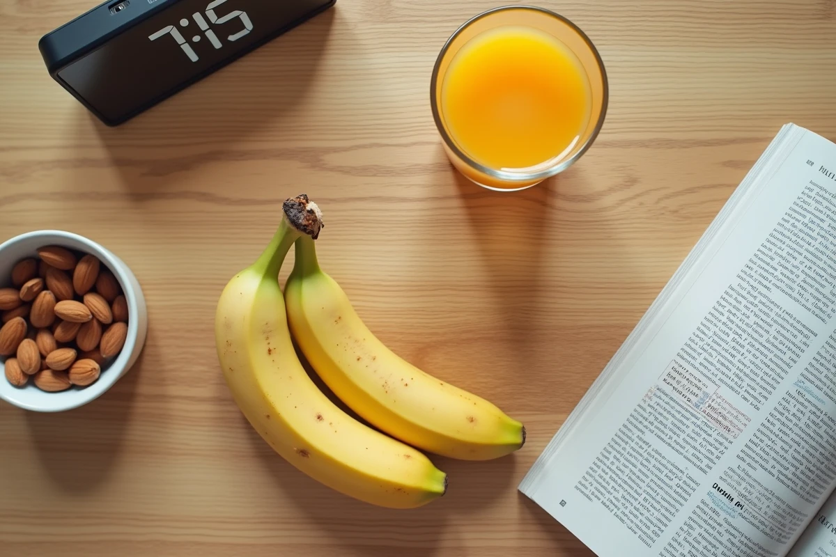 Vue de dessus d'une banane avec un jus d'orange et des amandes sur une table en bois le matin