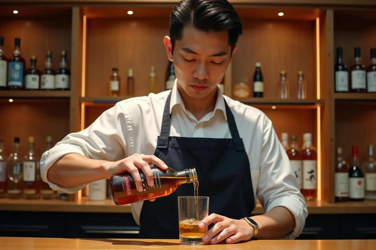 Barman japonais versant du whisky japonais derrière le comptoir d'un bar à whisky traditionnel avec des étagères de bouteilles en arrière-plan