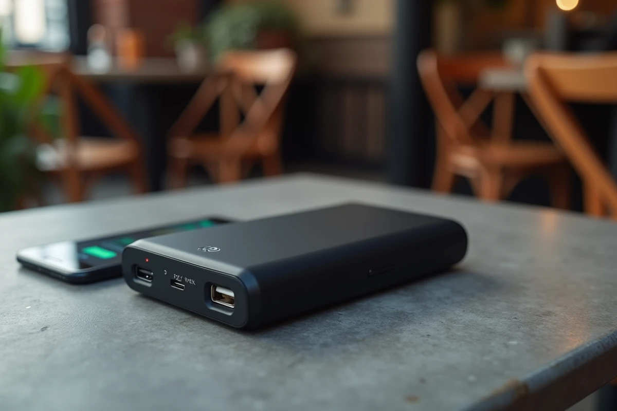 Batterie externe haute capacité noire mate avec affichage LED et ports USB-C posée sur une surface en béton gris à côté d'un smartphone en charge