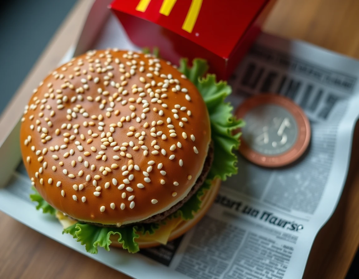 Vue aérienne d'un Big Mac sur plateau McDonald's avec un journal économique français et des euros illustrant l'inflation en 2026