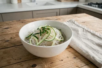 Bol de nouilles konjac translucides accompagnées de concombre et de graines de sésame sur une table en bois clair