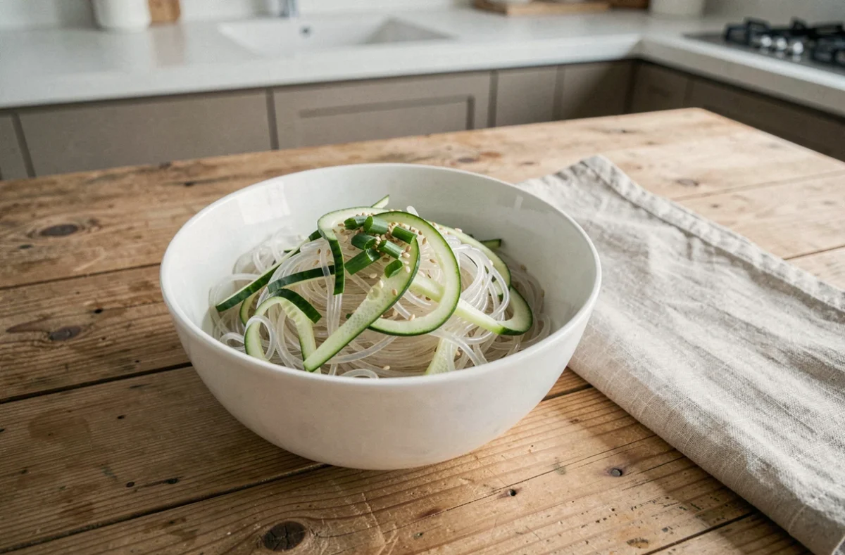 Bol de nouilles konjac translucides accompagnées de concombre et de graines de sésame sur une table en bois clair