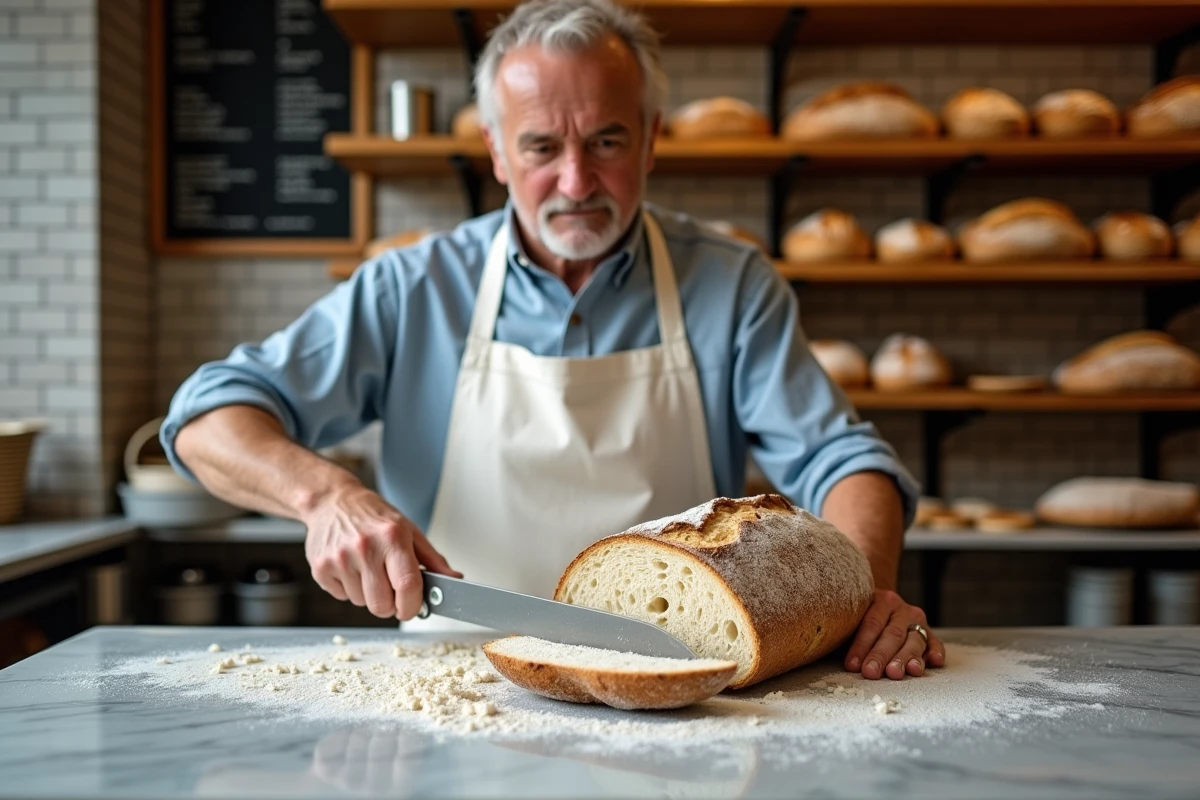Boulanger artisan tranchant un pain au levain dans une boulangerie traditionnelle révélant la mie aérée et alvéolée caractéristique