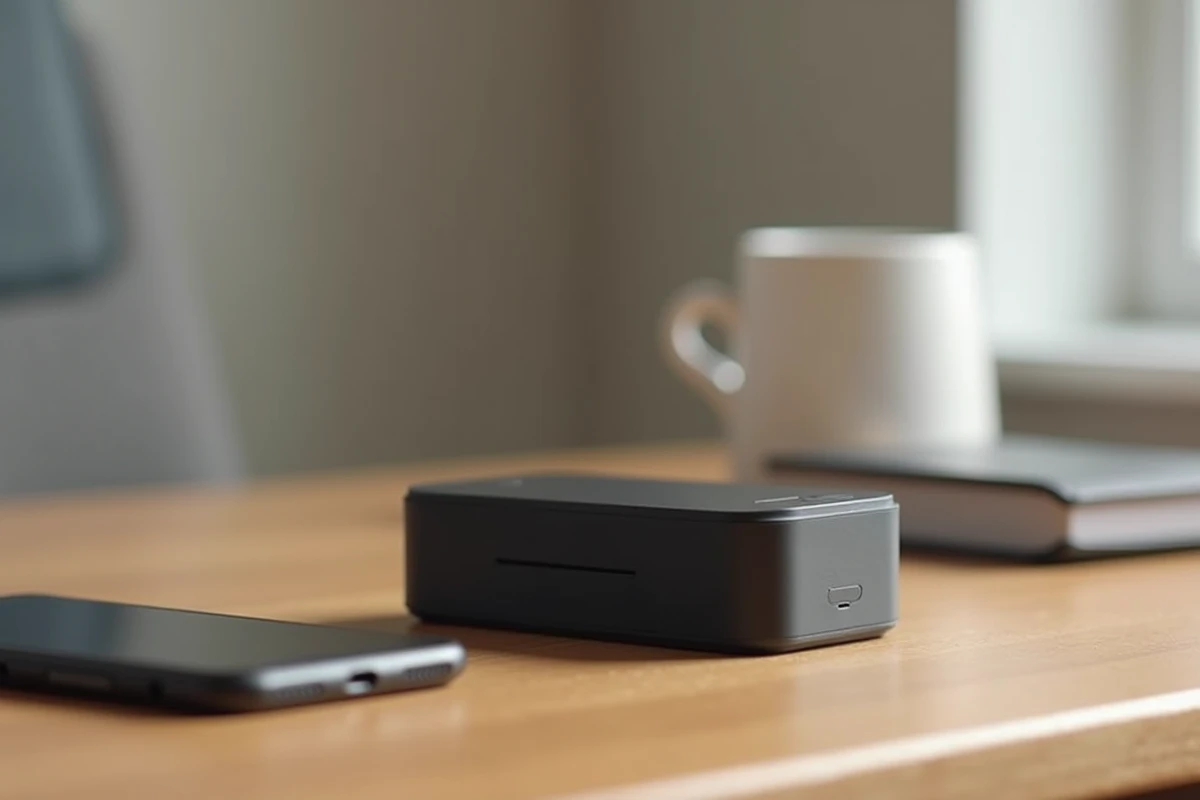 Brick, le bloqueur physique de smartphone en boîtier noir mat posé sur un bureau en bois à côté d'un téléphone retourné