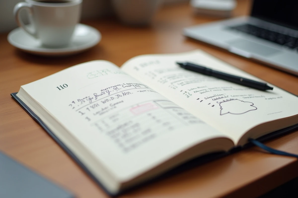 Carnet connecté Rocketbook Core ouvert sur un bureau en bois avec des notes manuscrites et un stylo Pilot FriXion posé dessus