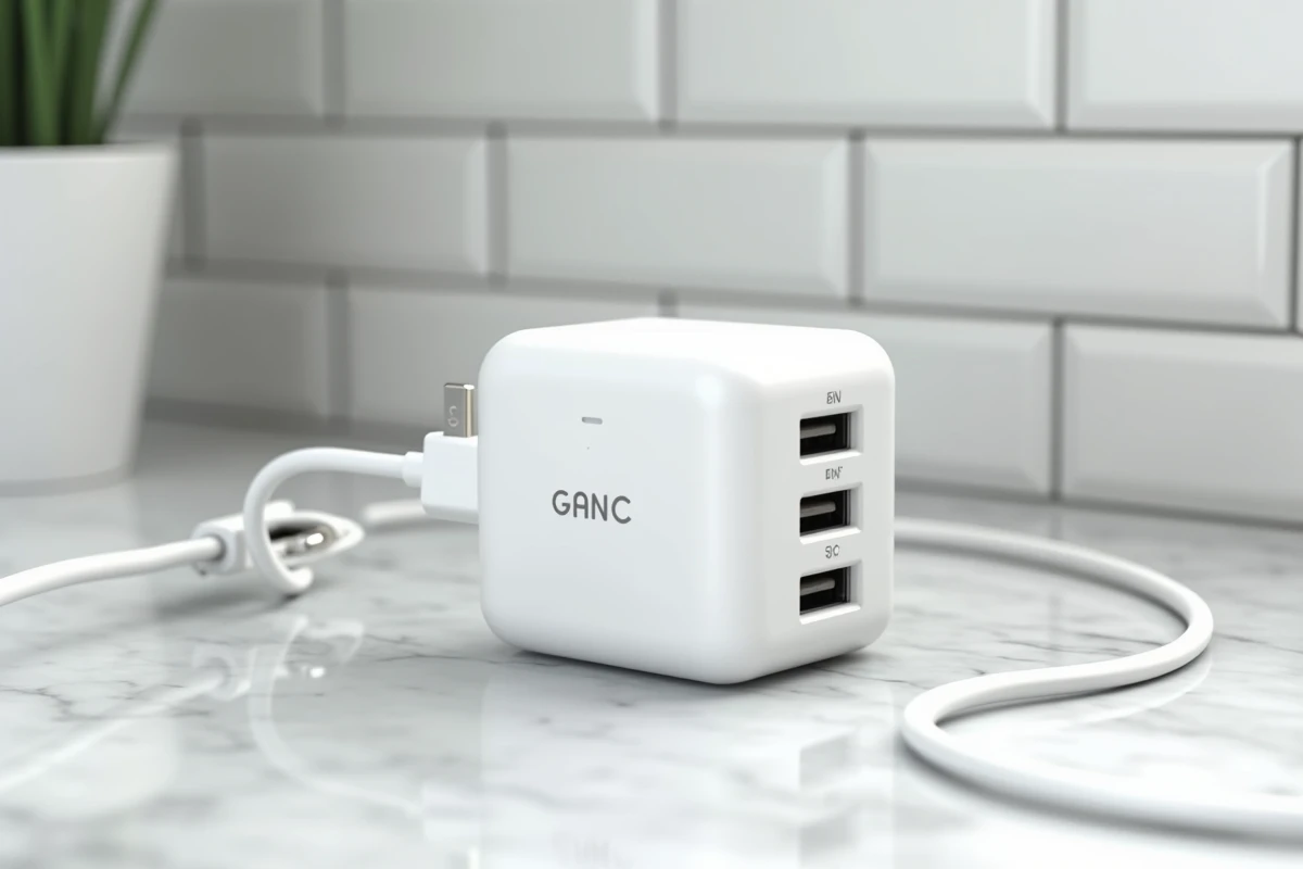 Chargeur GaN multi-ports compact en blanc avec ports USB-C et USB-A visibles, posé sur un plan de travail en marbre blanc