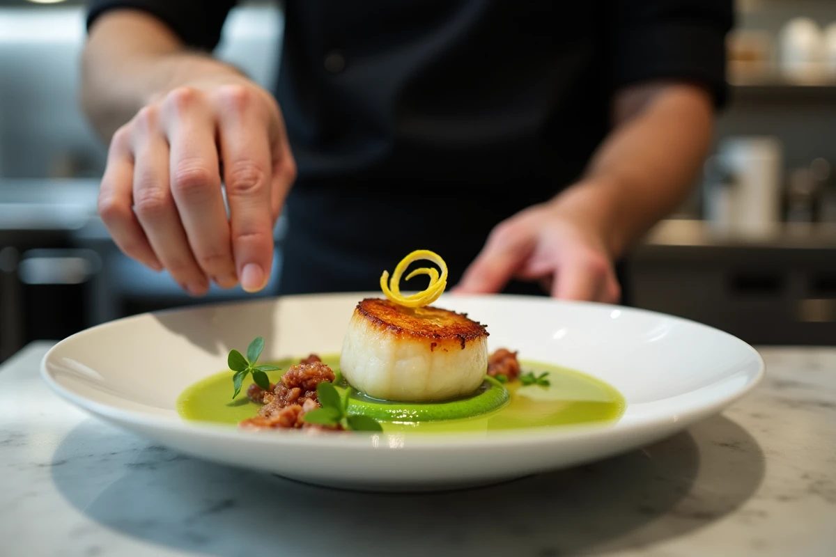 Chef qui dresse une coquille Saint-Jacques sur velouté de petits pois avec pancetta croustillante dans une cuisine moderne