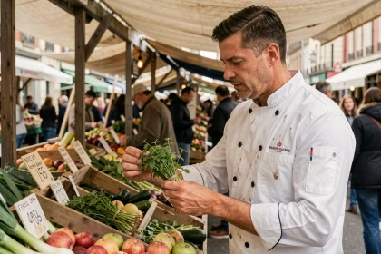 Chef professionnel inspectant des légumes frais sur un marché de producteurs face à la hausse des prix