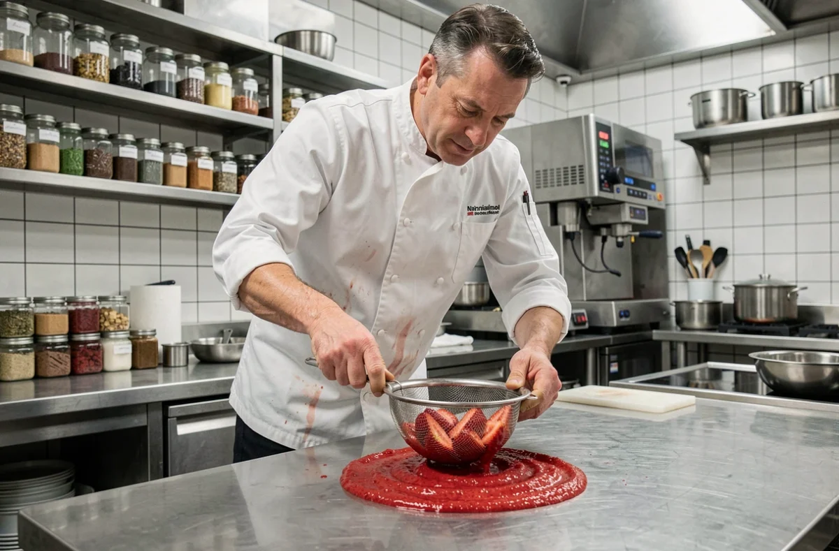 Chef professionnel préparant une purée de fraises dans une cuisine gastronomique française moderne
