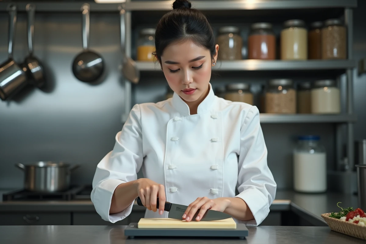 Cheffe professionnelle affûtant un couteau santoku sur une pierre à double grain dans une cuisine commerciale
