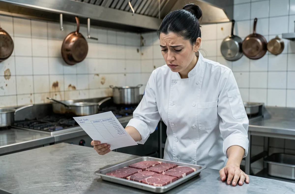 Cheffe cuisinière calculant les coûts des matières premières dans une cuisine professionnelle