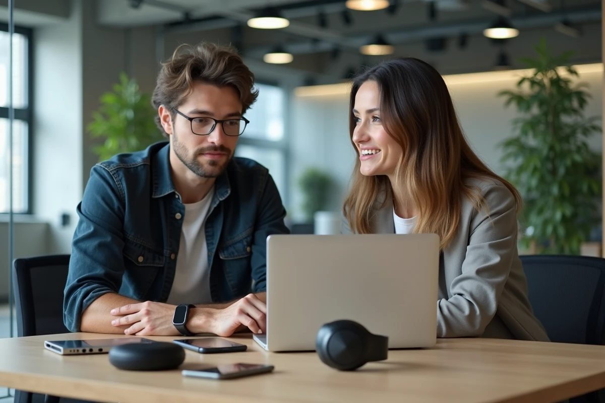 Deux collègues discutant du choix d'équipements technologiques autour d'une table avec laptops, casques et montres connectées