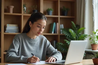 Femme comparant deux laptops sur un bureau en bois dans un home office cosy pour choisir son équipement tech