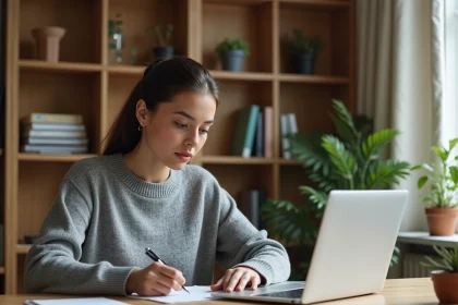 Femme comparant deux laptops sur un bureau en bois dans un home office cosy pour choisir son équipement tech
