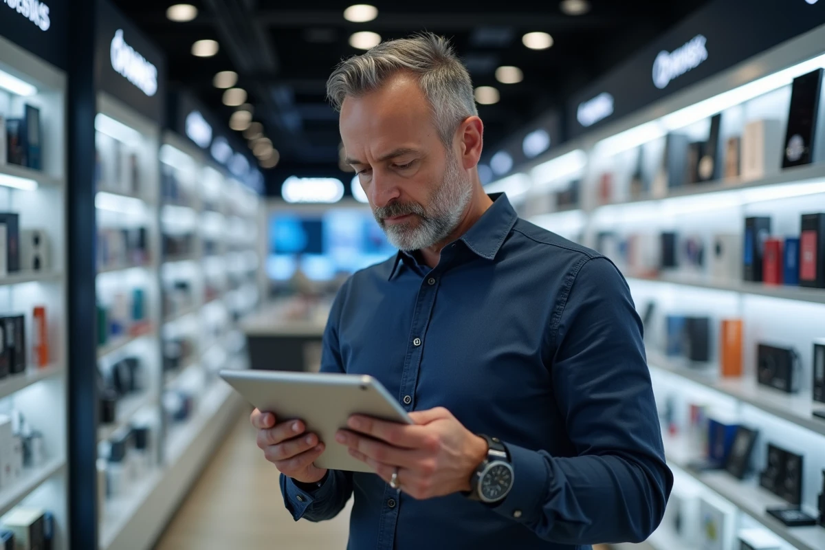 Homme tenant une tablette et un smartphone dans un magasin d'électronique pour comparer des équipements technologiques