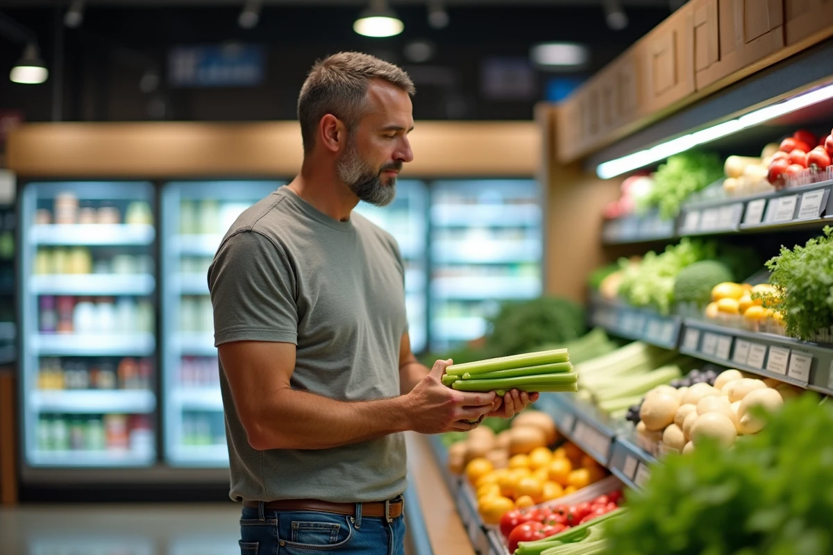 Homme choisissant du céleri dans un supermarché, illustrant la sélection d'aliments sains et sans calorie
