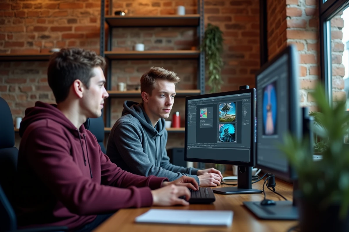 Deux collègues collaborant sur un poste de travail haut de gamme dans un espace de coworking, illustrant les avantages d'investir dans du matériel informatique performant