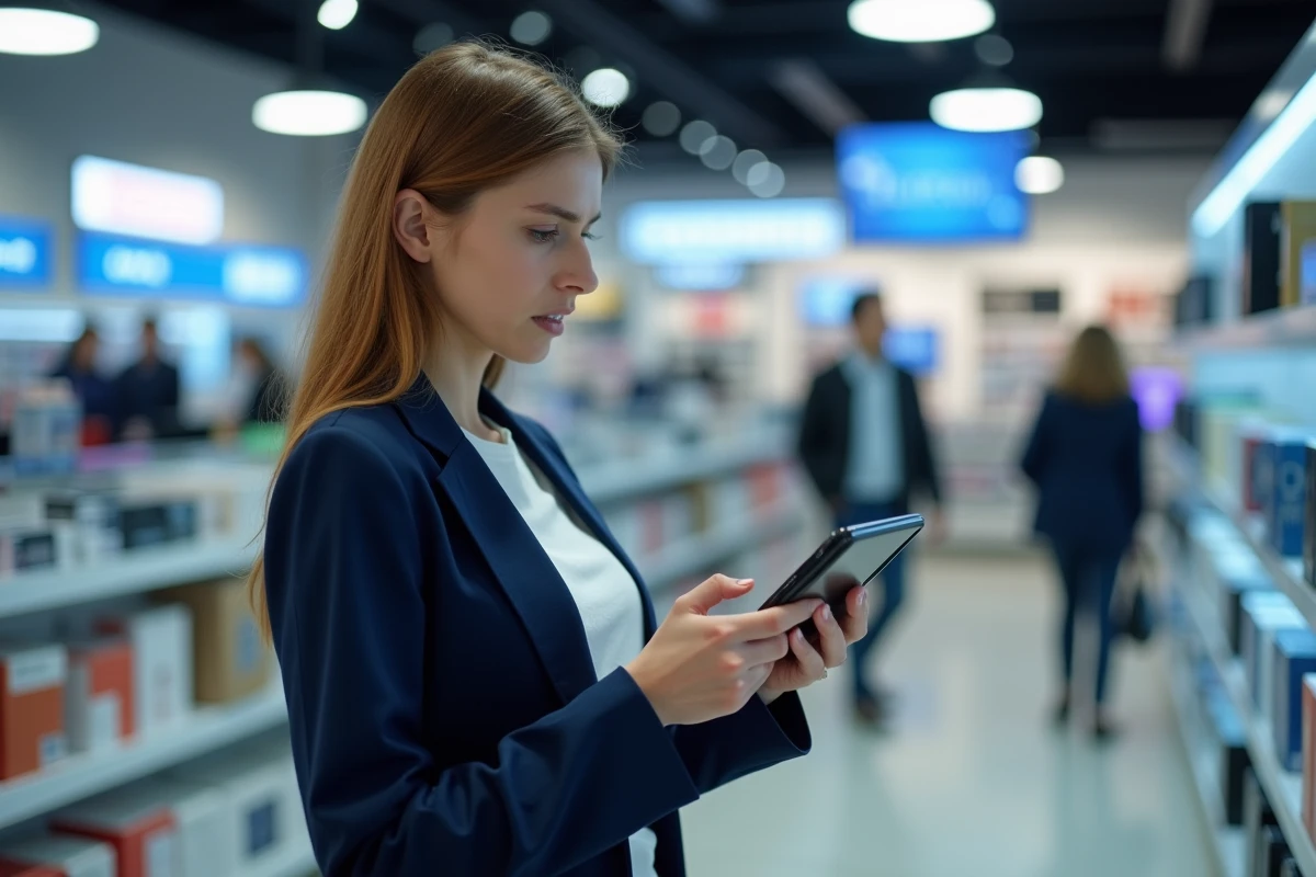 Femme hésitante dans un magasin d'électronique comparant deux appareils tech avant l'achat, illustrant les difficultés de choix d'équipement