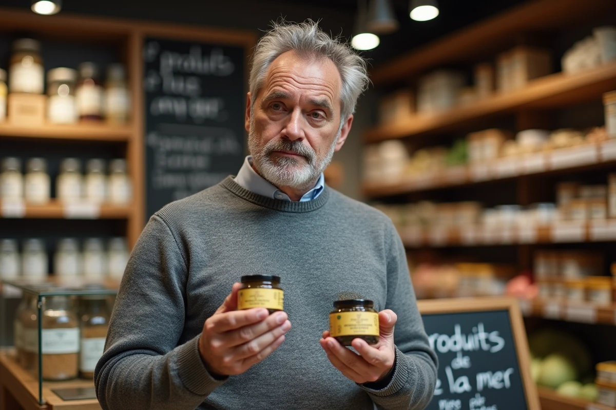 Homme comparant un caviar végétal et des œufs de poisson traditionnels dans une épicerie bio, symbolisant le dilemme végétarien face aux produits de la mer