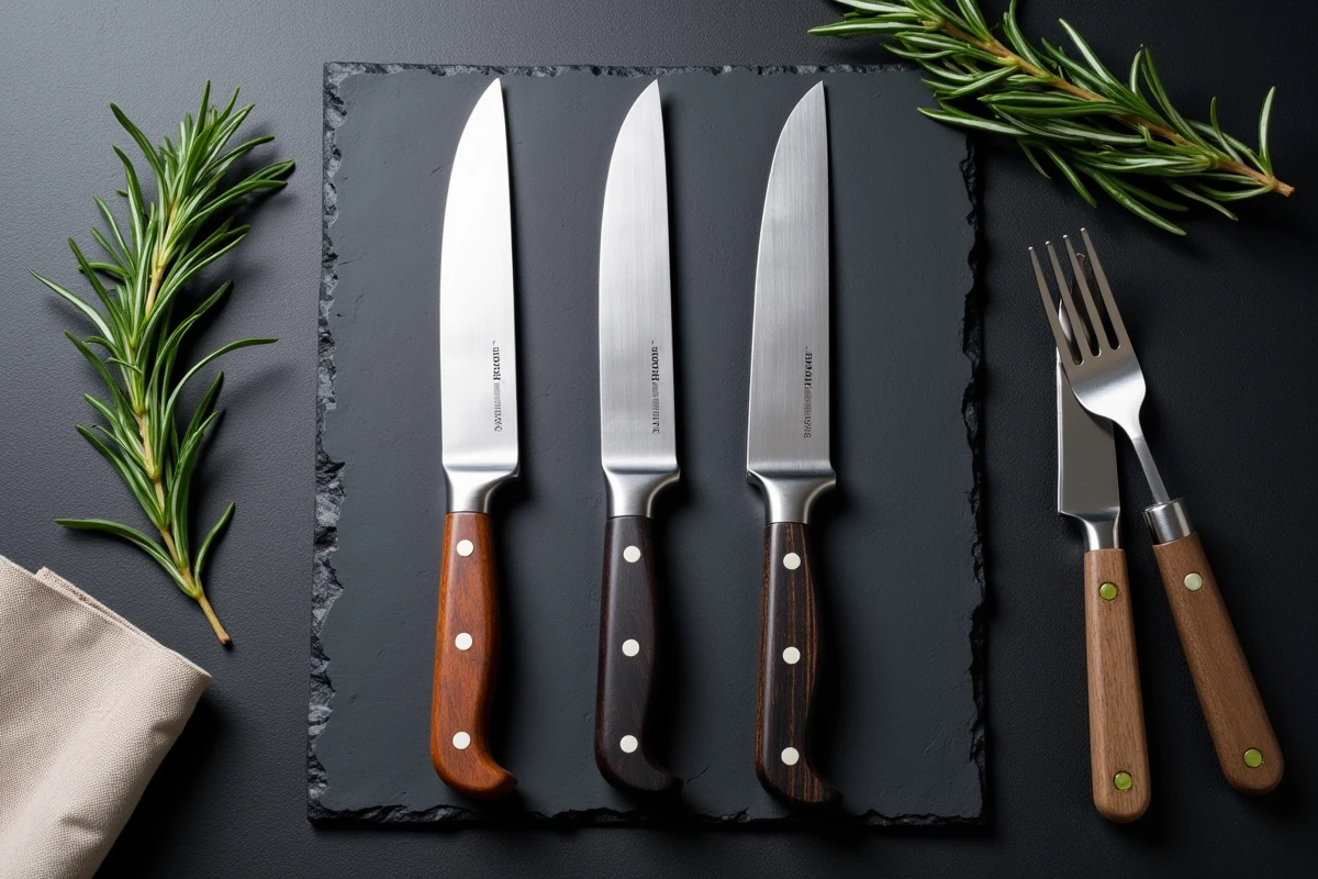 Comparaison de trois couteaux à steak différents posés sur une ardoise noire avec des manches en bois, résine et inox