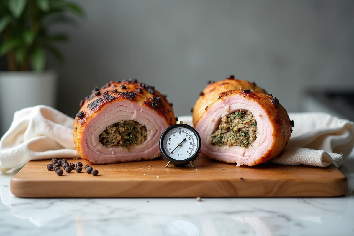 Comparaison coupe transversale paupiette de porc cuite au four et à la poêle sur planche en bois