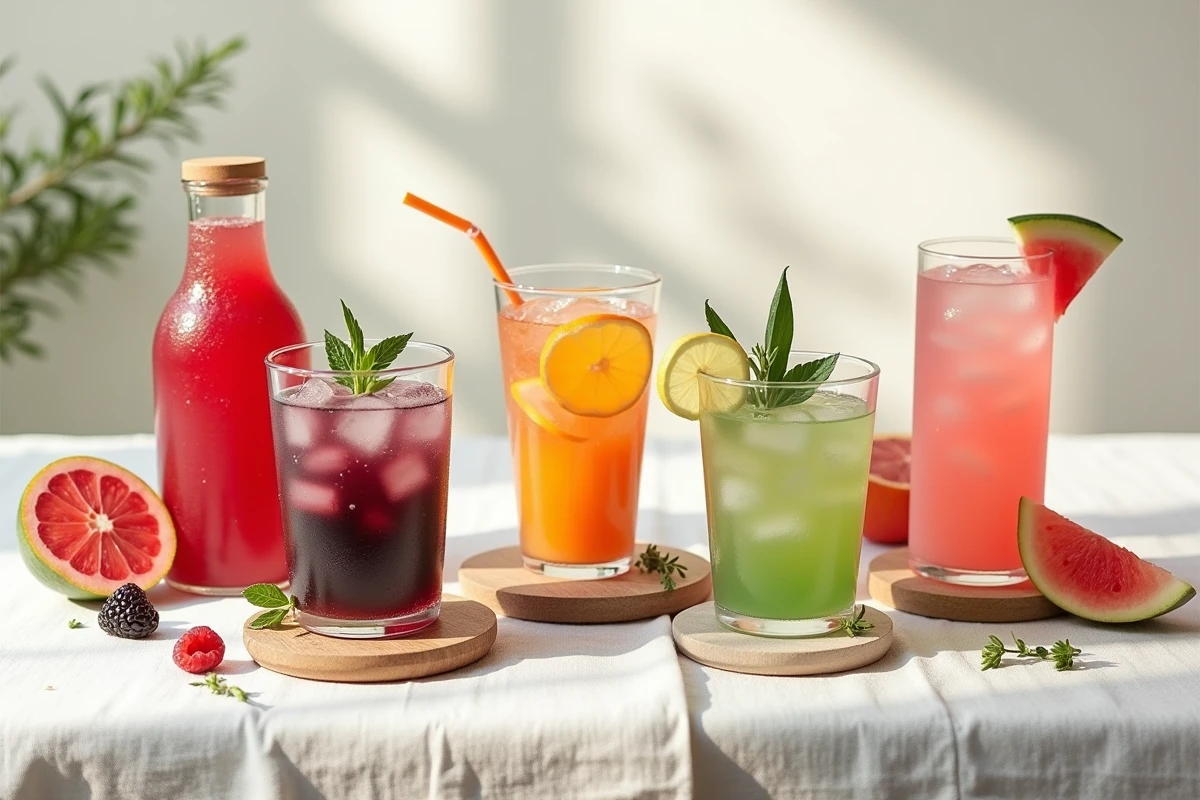 Vue aérienne de cinq boissons détox colorées aux fruits et légumes disposées en flat lay sur un tissu blanc