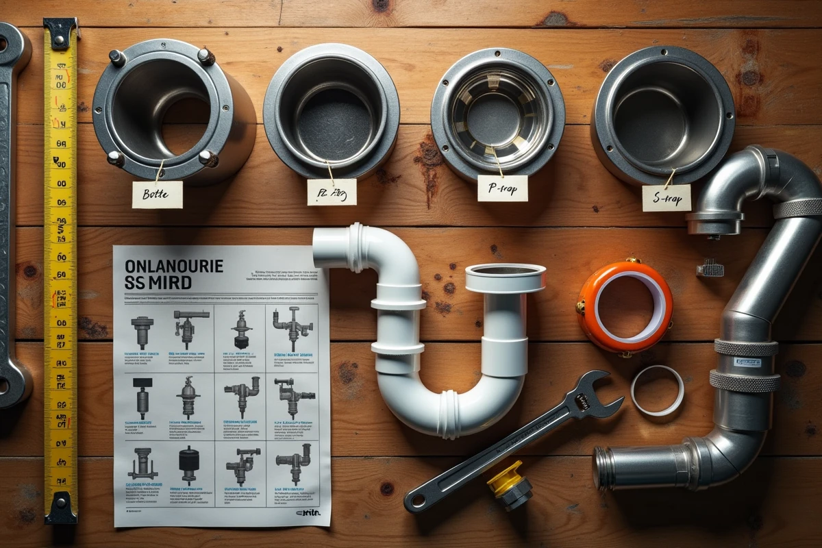 Vue à plat de différents types de siphons de plomberie sur un établi avec outils et guide de sélection
