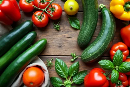 Assortiment de concombres, courgettes et légumes d'été disposés sur une table en bois de marché fermier
