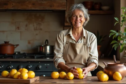 Femme préparant des coings entiers non pelés pour une confiture maison dans une cuisine rustique