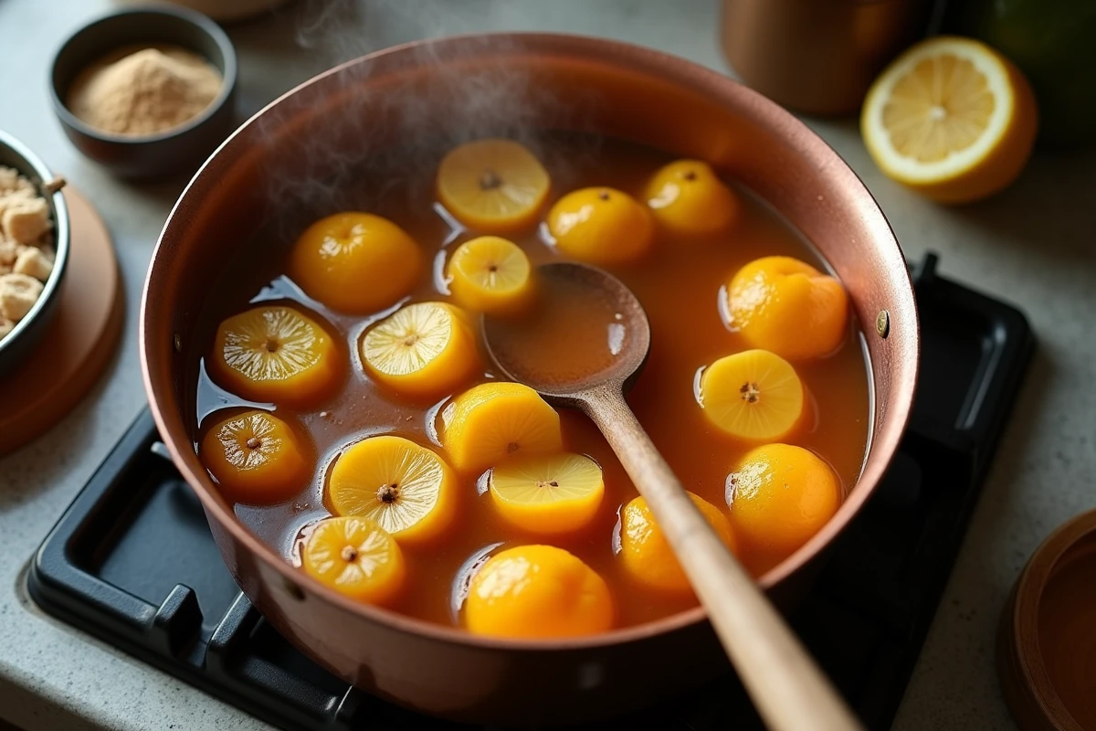 Casserole en cuivre avec des morceaux de coings avec leur peau en train de mijoter pour une confiture anti-déchets