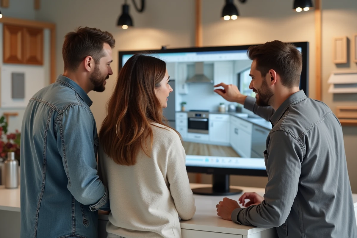 Couple en consultation avec un cuisiniste devant un plan 3D de cuisine dans un studio de design