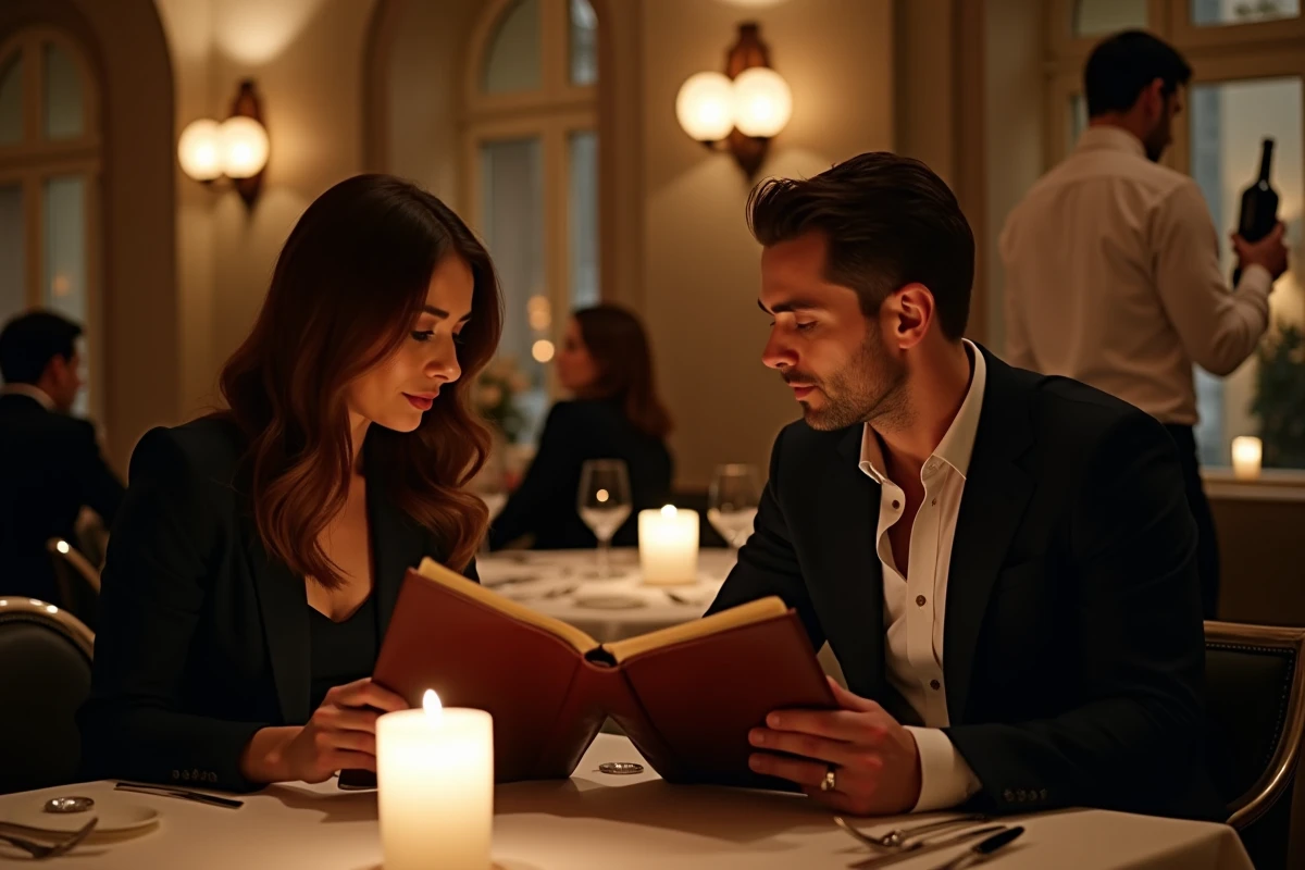 Couple dînant dans un restaurant étoilé Michelin à New York dans une ambiance gastronomique raffinée