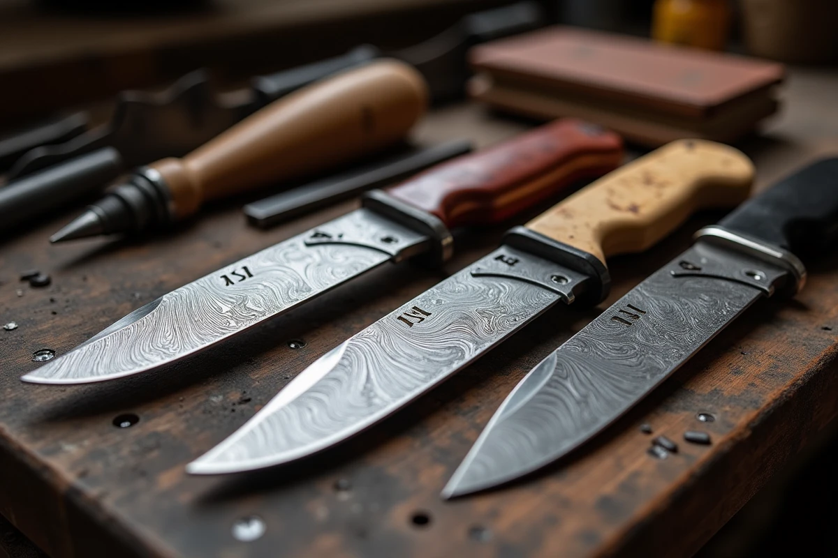Trois couteaux artisanaux haut de gamme en acier damas posés sur un établi en chêne vieilli dans un atelier allemand