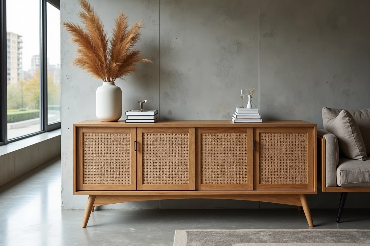 Buffet crédence en chêne blanc naturel avec façade cannage style tendance salon 2026