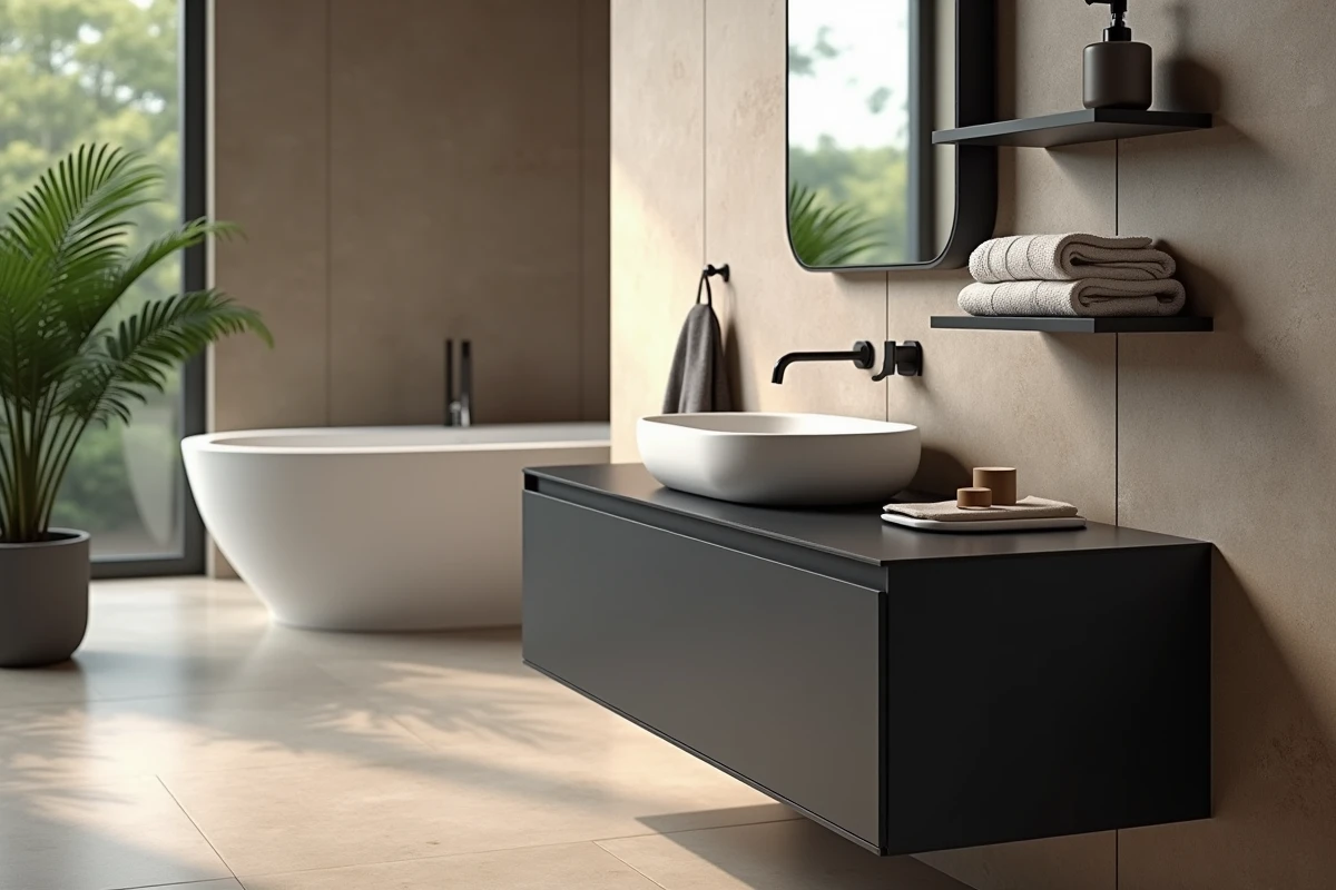 Crédence de salle de bain en laque anthracite avec vasque intégrée design tendance 2026